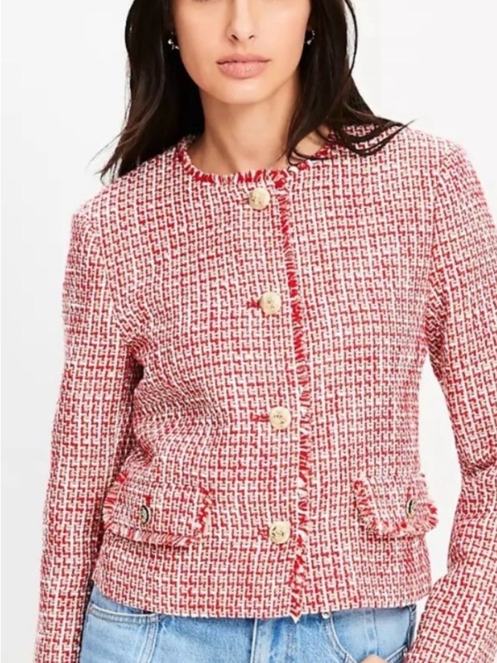 Loft Red Tweed Collarless Jacket - Picture 2 of 8